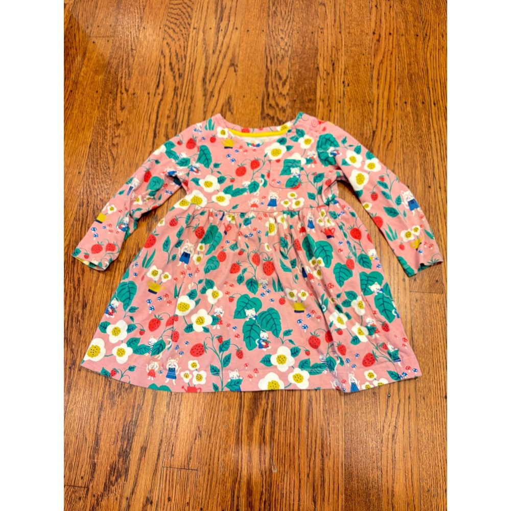 Boden Kids Pink Strawberry Kitten Print Long Sleeve Jersey Dress 18-24M